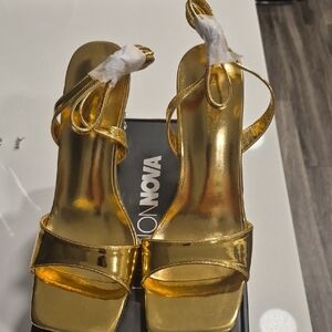 Fashion Nova Gold Heels with Strappy Design